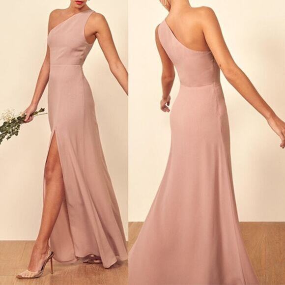 NWT Reformation Evelyn One Shoulder Long Blush Pink Maxi Dress with Front Slit
